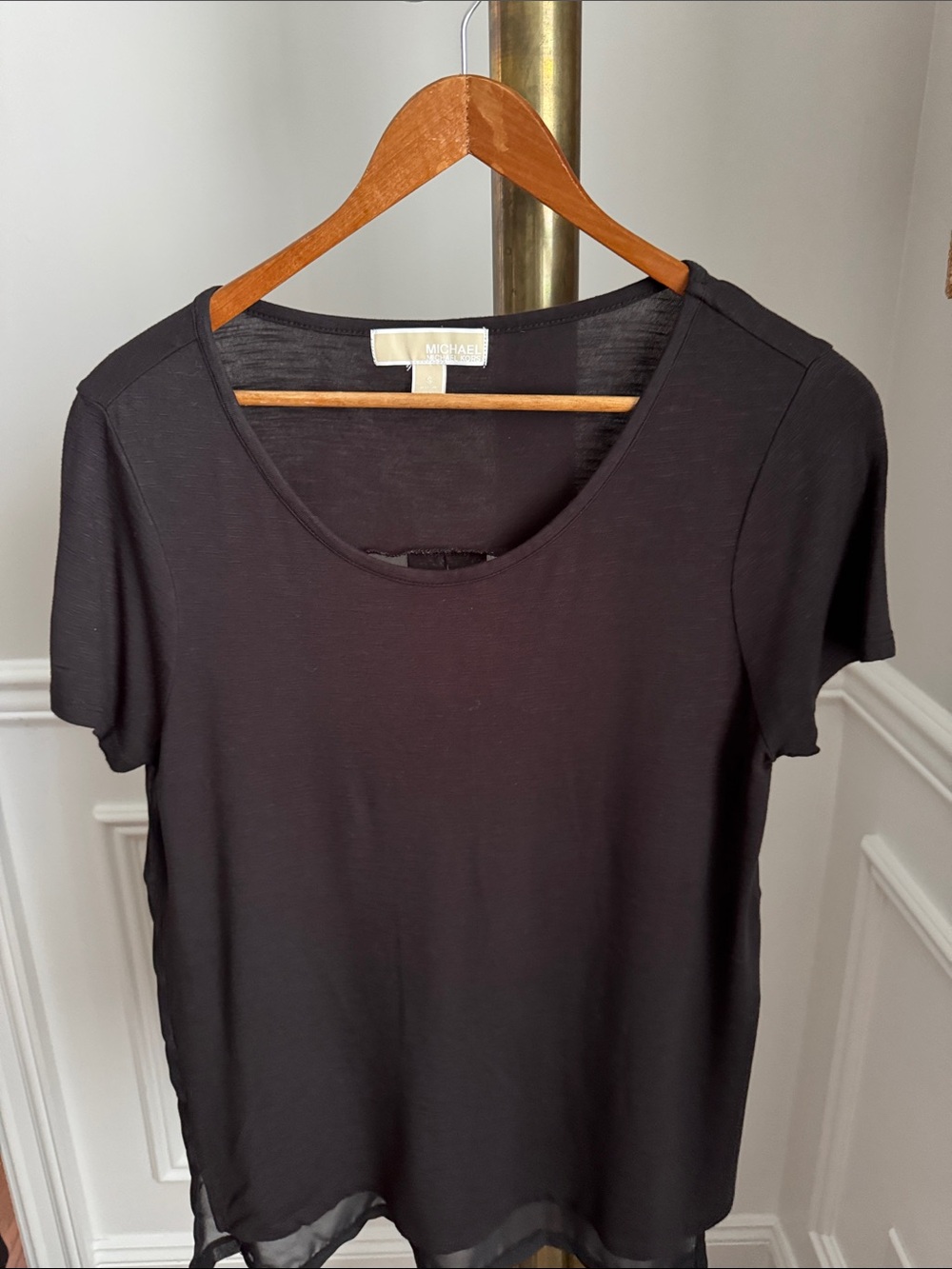 Michael Kors Black Short-Sleeve Scoop Neck Tee with Sheer Hem